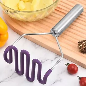 Силиконовая картофельная толкушка, не царапающаяся, с ручкой, нержавеющая полированная поверхность, ручная машина для фруктов и картофеля, кухонный инструмент синий