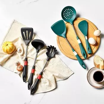 Силиконовая кухонная утварь, антипригарная посуда, кухонная утварь, инструмент для приготовления торта, барбекю, лопаточка, ковш, венчики для яиц, лопатка, ложка, суп Rice Ladle чёрный