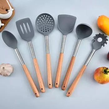 Силиконовая кухонная утварь, деревянная ручка, кастрюля с антипригарным покрытием, кухонные принадлежности, набор для готовки, термостойкая суповая ложка, дуршлаг, лопатка для пасты