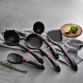 Силиконовая кухонная утварь Лопатка с антипригарным покрытием Кухонная утварь Половник Венчики для взбивания яиц Лопатка Ложка для супа Набор кухонных принадлежностей Кухонные принадлежности Spatula - Dark Black