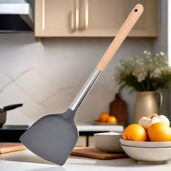 Силиконовая кухонная утварь с деревянной ручкой, кастрюля с антипригарным покрытием, кухонная утварь, жаропрочная ложка для супа, дуршлаг, лопатка для пасты 1