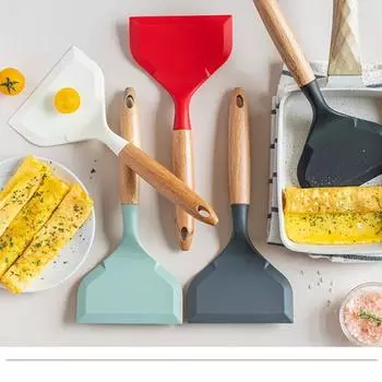 Силиконовая лопатка Yousheng, кухонная утварь с деревянной ручкой, многоразовая, термостойкая, можно мыть в посудомоечной машине, антипригарная кухонная лопатка темно-серого