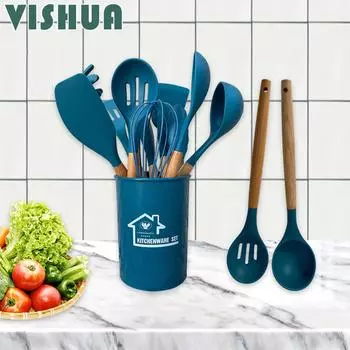 Силиконовая лопаточка для рисования, 12 предметов антипригарной кастрюли, пищевой силиконовый брызговик, деревянная ручка, силиконовый набор кухонных принадлежностей