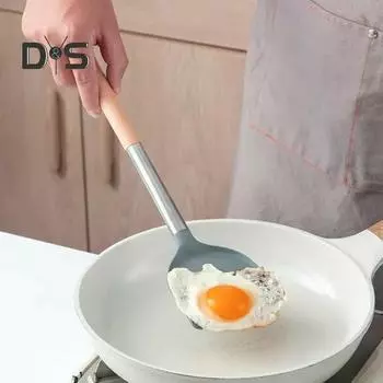 Силиконовая лопаточка с длинной ручкой из бука, пищевая, термостойкая, можно мыть в посудомоечной машине, антипригарная сковорода, кастрюля, кухонная утварь, кухонные принадлежности, кухонные принадлежности серый