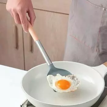 Силиконовая лопаточка с длинной ручкой из бука, пищевая, термостойкая, можно мыть в посудомоечной машине, антипригарная сковорода, кастрюля, кухонная утварь, кухонные принадлежности, кухонные принадлежности чёрный