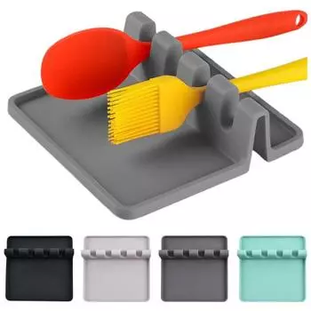 Силиконовая подставка для ложки для плиты, термостойкий держатель для кухонных принадлежностей с подложкой для сбора капель, не содержащая бисфенол А, подставка для кухонных ложек, лопаток, половников, щипцов, большой держатель для ложки чёрный