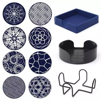 Силиконовая подставка, круглая нескользящая подставка, изолированная подставка для виски, набор подставок 10 см 8 pads+1 iron bracket чёрный