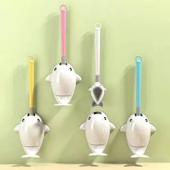 Силиконовая щетка для унитаза с настенным держателем Силиконовая насадка с изображением дельфина в стиле мультфильма белый