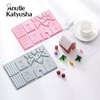 Силиконовые 3D пряники, шоколадный домик, рождественские домики, елочные формы, инструмент для украшения торта, инструменты для выпечки печенья синий