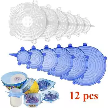 Силиконовые эластичные крышки, упаковка 12 штук по 6 размеров. Многоразовые силиконовые крышки без бисфенола А для хранения продуктов. Можно использовать в микроволновой печи и посудомоечной машине. 12pcs белый