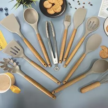 Силиконовые кухонные принадлежности, набор кухонных принадлежностей, антипригарная посуда, лопатка, лопатка, венчики для яиц, деревянная ручка, кухонный набор инструментов для приготовления пищи