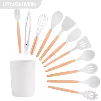 Силиконовые кухонные принадлежности, набор кухонных принадлежностей, антипригарная посуда, лопатка, лопатка, венчики для яиц, деревянная ручка, кухонный набор инструментов для приготовления пищи белый