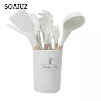 Силиконовые кухонные принадлежности с антипригарным покрытием, набор кухонных принадлежностей, лопатка, лопатка, венчики для яиц, деревянная ручка, набор кухонных инструментов для приготовления пищи 11pcs красный