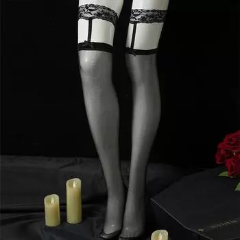 Силиконовые нескользящие кружевные чулки с подвязками. Чистые сексуальные ультратонкие чулки с подвязками выше колена для женщин с красными краями и черным шелком.