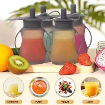 Силиконовые пакеты для еды для малышей, пакет для фруктового пюре, многоразовые пакеты для еды, не содержащие BPA, домашний пакет для хранения пюре с трубочками на ручках серый