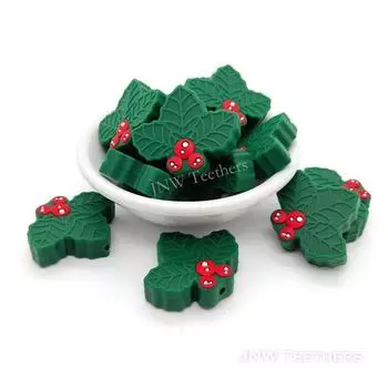 Силиконовые рождественские бусины Холли, силиконовые бусины оптом, мягкий силиконовый жемчуг с мотивом, жемчужные силиконовые бусины-ручки. Set of 10