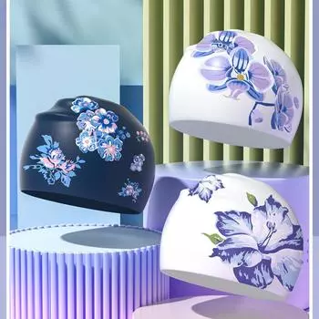 Силиконовые шапочки для плавания, водонепроницаемые шапочки для плавания с принтом, женские большие и удобные шапочки для плавания с защитой ушей для длинных волос