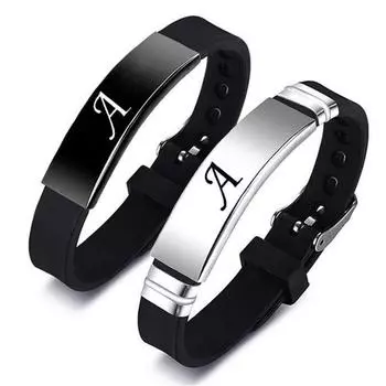 Силиконовый браслет из нержавеющей стали с 26 буквами AZ, идентификационное имя, регулируемый браслет для пары, для мужчин, женщин, детей, семейные подарки A чёрный