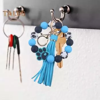 Силиконовый браслет с бусинами, брелок с рисунком собачьей лапки, наручный брелок с кисточкой из искусственной кожи, подвеска-брелок чёрный