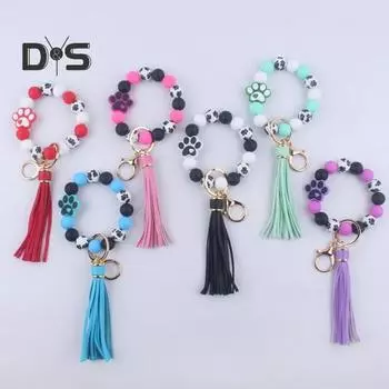 Силиконовый браслет с бусинами, брелок с рисунком собачьей лапки, наручный брелок с кисточкой из искусственной кожи, подвеска-брелок красный