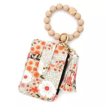 Силиконовый брелок из искусственной кожи с бусинами, на запястье, держатель для кредитных карт, брелок для ключей, кошелек для женщин, розовый цветочный принт, кошелек