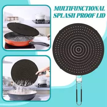Силиконовый брызговик для сковороды, жирозащита со складной ручкой, термостойкий благодаря теплоизоляционному коврику, маслозащита пищевого качества One Size чёрный