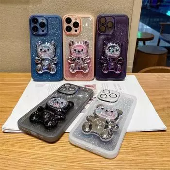 Силиконовый чехол с блестками и бусинами в виде медведя для Samsung S24 S23 S22 S21 Ultra Plus FE A53 A14 A54 A15 iPhone 16 15 14 13 12 11 Pro Max Plus XSMAX XR 8 7 iPhone X/XS чёрный