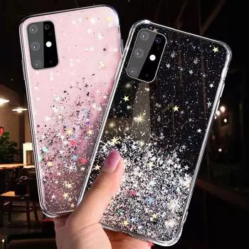 Силиконовый чехол Bling Glitter Star для Samsung S25 Ultra S24 FE S23 S22 Plus A16 A56 A06 A36 A55 A35 A15 A25 A14 5G сияющий блестящий мягкий прозрачный чехол-накладка Samsung S21 Plus чёрный