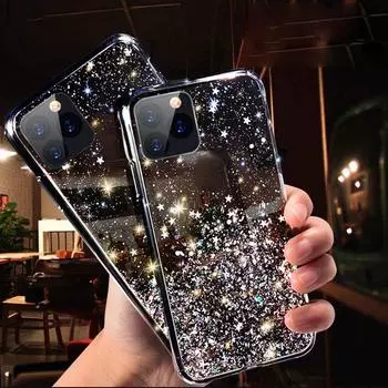 Силиконовый чехол Bling Glitter Star для iPhone 16 Pro Max 15 14 Pro 12 11 X XS XR 7 8 Plus SE 2020 сияющая мягкая прозрачная задняя крышка с пайетками iPhone 11 Pro синий
