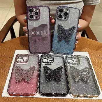 Силиконовый чехол с градиентным блеском для Apple iPhone 13/14 Pro Max с гальваническим волнистым держателем-бабочкой iPhone13Pro Max серебряный