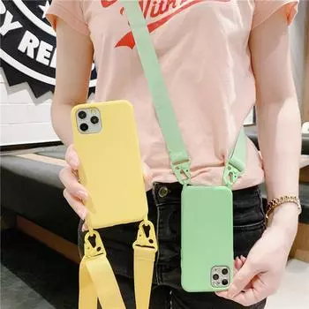 Силиконовый чехол-шнурок для iPhone 11 12 13 14 15 Pro Max, мягкая задняя крышка карамельного цвета с шейным ремешком. For iPhone 11 синий