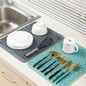 Силиконовый дренажный коврик Водонепроницаемый кухонный столовый прибор Коврики для посуды Подвесные нескользящие водонепроницаемые настольные салфетки Изоляционная подложка 40x20cm зелёный