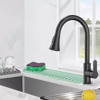 Силиконовый коврик для крана для кухонной раковины Силиконовый коврик для сбора капель Нескользящий дренажный коврик Защита от капель Защита от брызг крана 42x10CM чёрный