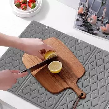 Силиконовый коврик для сушки посуды 24x16 дюймов, складной коврик для сушки с крючком, пищевой коврик для сушки столовых приборов, нескользящий коврик для мойки на кухонной стойке серый
