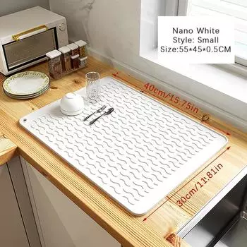 Силиконовый коврик для сушки посуды, термостойкий, складной, нескользящий, для сушки посуды, кухонная столешница, поддон для сбора капель, коврик для мойки белый
