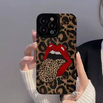 Силиконовый кожаный чехол с красными губами и большим язычком леопарда для iPhone 13 14 15 Pro Max Plus 11 12 Mini X XS XR 7 8 SE противоударный чехол For iPhone15 Pro Max