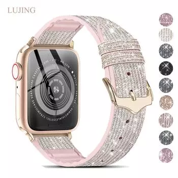 Силиконовый+кожаный ремешок для Apple Watch Band 44 мм 40 мм 45 мм 49 мм 41 мм 38 мм 42 мм Bling Correa Bracelet iWatch Series 9 3 6 SE 7 8 ultra2 For 38mm 40mm 41mm серебряный