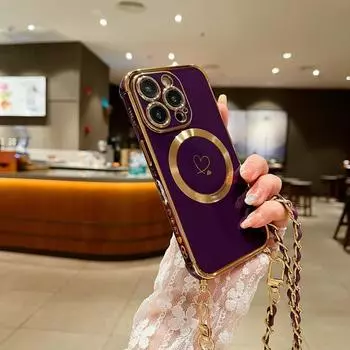 Силиконовый мягкий чехол через плечо с цепочкой для iPhone 14 13 12 Pro Max 11, покрытие с беспроводной зарядкой, задняя крышка с сердечком любви для Samsung S23 S22 Ultra S21 S20 FE For iPhone 14 чёрный