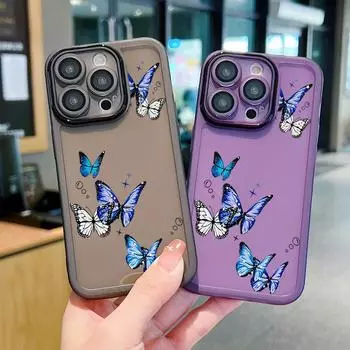 Силиконовый мягкий чехол для телефона с линзами для iPhone 16 Pro 15 14 13 12 Pro Max 11, противоударный, синяя бабочка, тонкий прозрачный чехол iPhone 16 синий