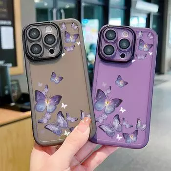 Силиконовый мягкий чехол для телефона с линзами для iPhone 16 Pro 15 14 13 12 Pro Max 11, ударопрочный, с узором в виде фиолетовой бабочки, тонкий прозрачный чехол iPhone 16 чёрный