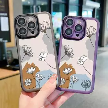 Силиконовый мягкий чехол для телефона с линзами для iPhone 16 Pro 15 14 13 12 Pro Max 11, противоударный, с цветочным узором, тонкий прозрачный чехол iPhone 16 чёрный