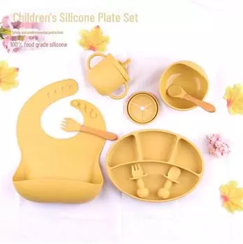 «Силиконовый набор для еды»: Поднос с разделителями, нагрудник для кормления, ложка и миска для детского питания.