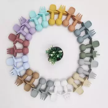 Силиконовый набор вилок и ложек для обучения детей - мягкие столовые приборы с короткой ручкой для обучения еде dark pink темно-розовый