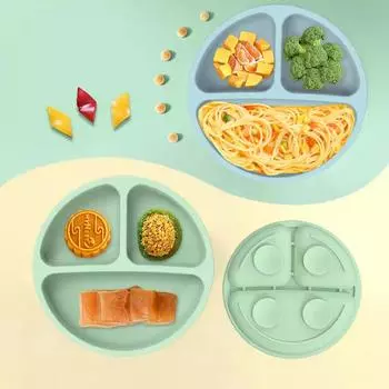 Силиконовый поднос для еды со смайликом и присоской для младенцев, с раздельным дизайном для детского питания. серый