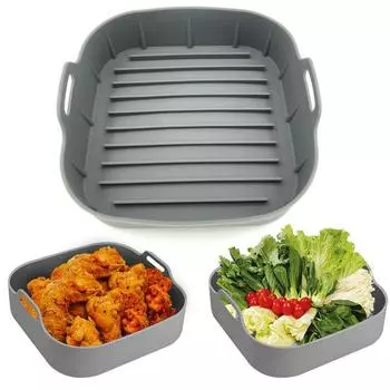 Силиконовый противень для выпечки с ручками для аэрофритюрницы, многоразовые квадратные вкладыши для аэрофритюрницы с антипригарным покрытием, корзина для аэрофритюрницы объемом 4–6 кварты, аксессуары для равномерного нагрева Square серый