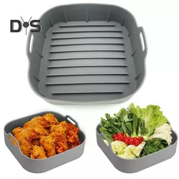Силиконовый противень для выпечки с ручками для аэрофритюрницы, многоразовые квадратные вкладыши для аэрофритюрницы с антипригарным покрытием, корзина для аэрофритюрницы объемом 4–6 кварты, аксессуары для равномерного нагрева Square серый