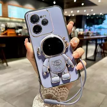 Силиконовый противоударный чехол для телефона OPPO Realme GT 7 Pro с гальваническим покрытием, мультяшный астронавт, подставка, ремешок, чехол для OPPO Realme GT 6T GT NEO 6 SE For Realme GT7 Pro чёрный