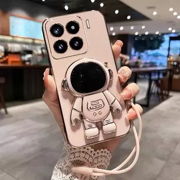 Силиконовый противоударный чехол для Xiaomi 15 Pro 14T Pro 13T 12T 11T Pro 14 T 14 Ultra 13 Lite с гальваническим покрытием, чехол-подставка с ремешком в виде астронавта For Xiaomi 15 Pro чёрный