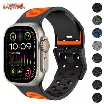 Силиконовый ремешок для Apple Watch Band Ultra 2, 49 мм, серия 9, 8, 7, 45 мм, дышащий двухцветный браслет iWatch 6, 5, 4 SE, 44 мм, 42 мм, ремень 42mm 44mm 45mm оранжевый