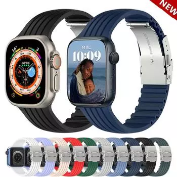 Силиконовый ремешок для Apple Watch, ремешок 44 мм, 40 мм, 45 мм, 41 мм, 49 мм, 38 мм, 42 мм, браслет для умных часов Correa iwatch series 3 6 se 7 8 ultra 38mm 40mm 41mm чёрный